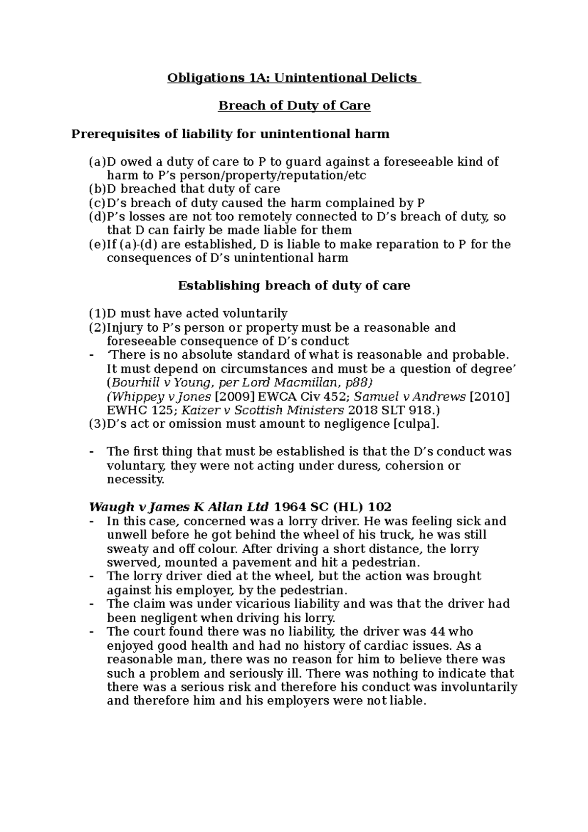 Breach of Duty of Care - Lecture notes 10 - Obligations 1A ...