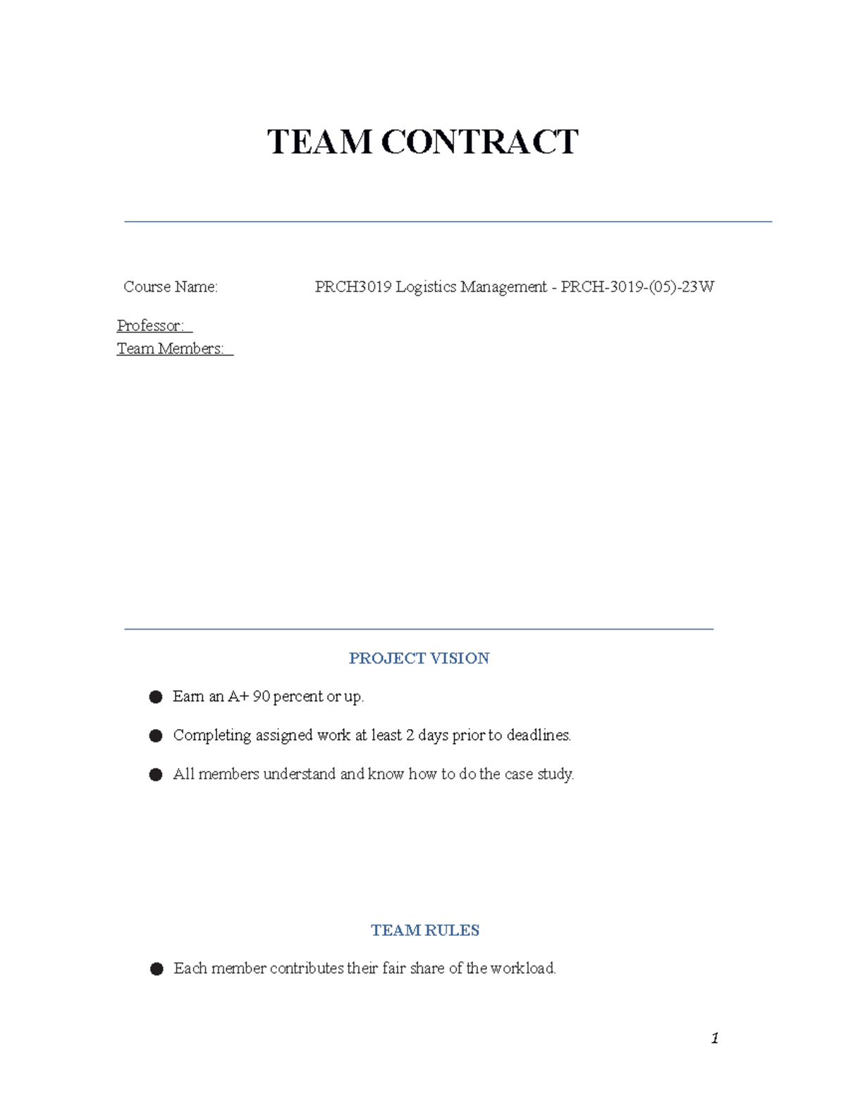 Work Term Agreement Group contract sample TEAM CONTRACT Studocu