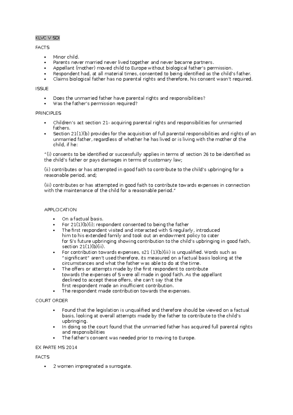 KLVC V SD1 - case argument - KLVC V SDI FACTS Minor child. Parents ...