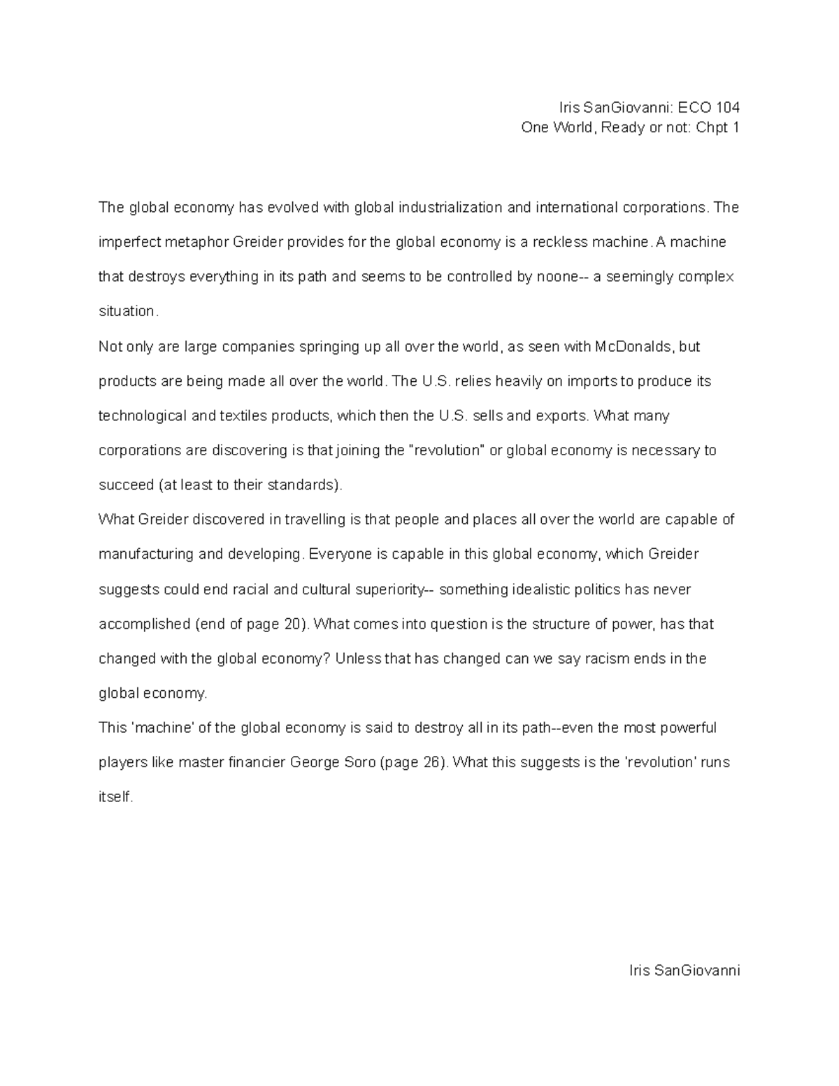 One World Summaries - Iris SanGiovanni: ECO 104 One World, Ready or not ...