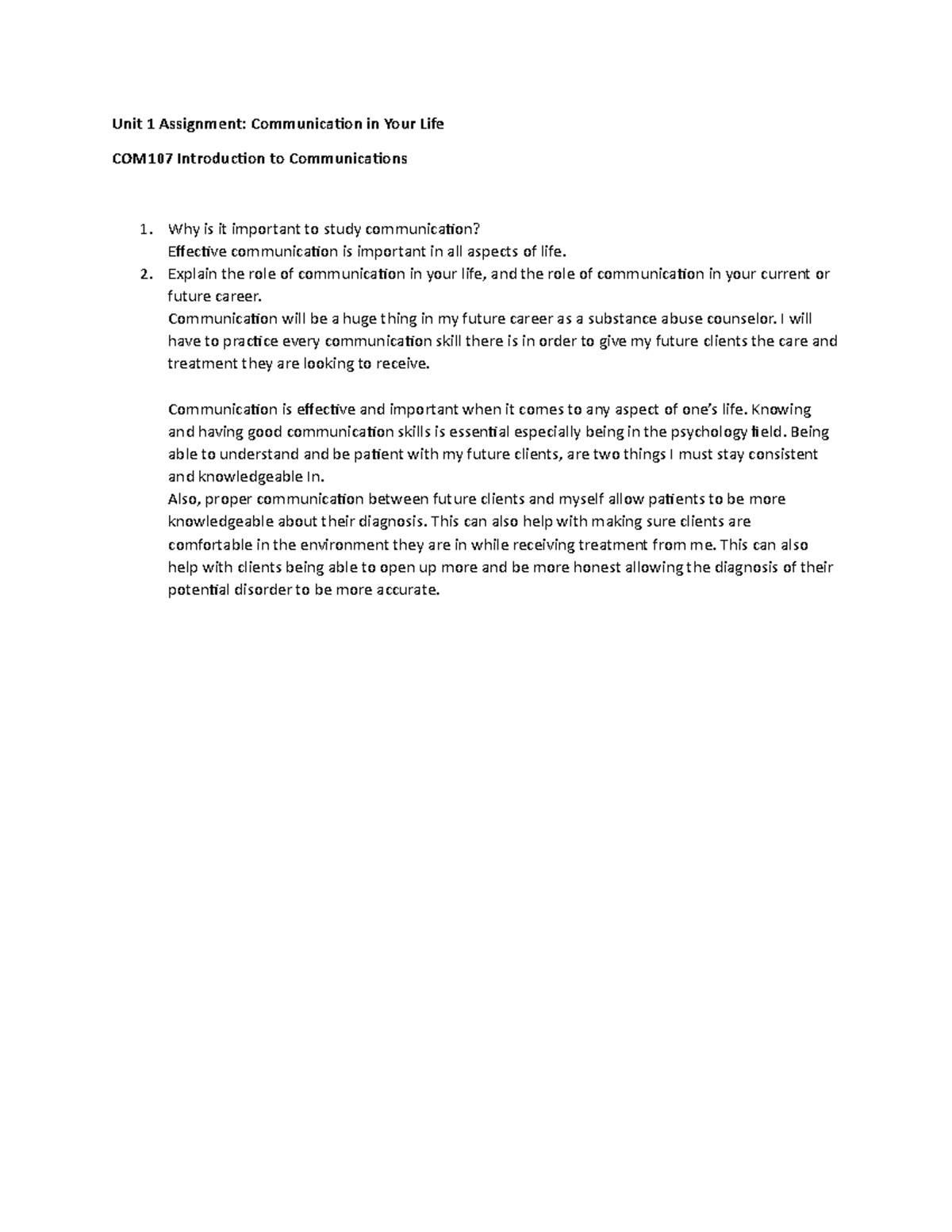 Unit 1 assignment - Unit 1 Assignment: Communication in Your Life ...