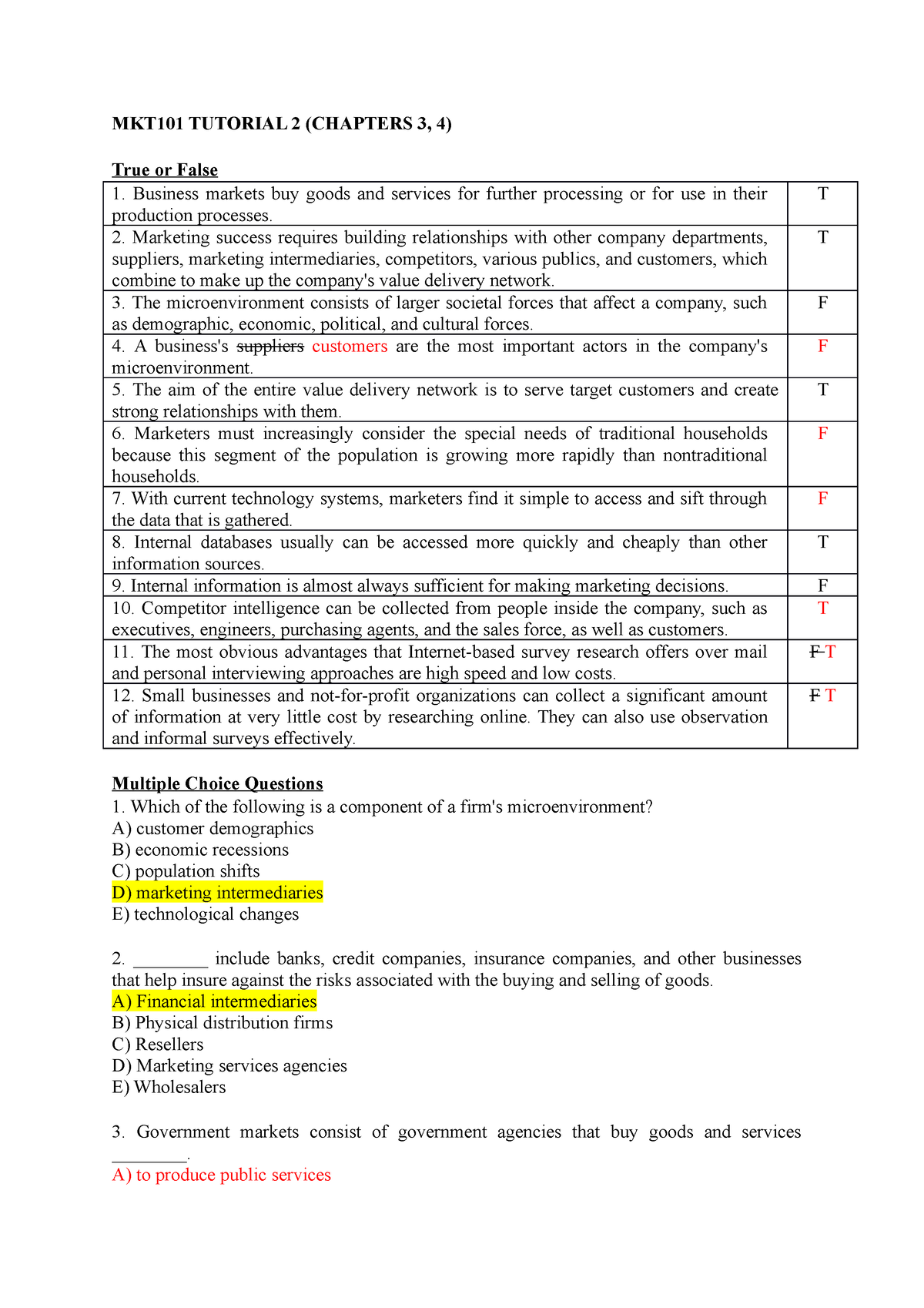 MKT101 Tutorial 2 ( Chaps 3, 4) - MKT101 TUTORIAL 2 (CHAPTERS 3, 4 ...