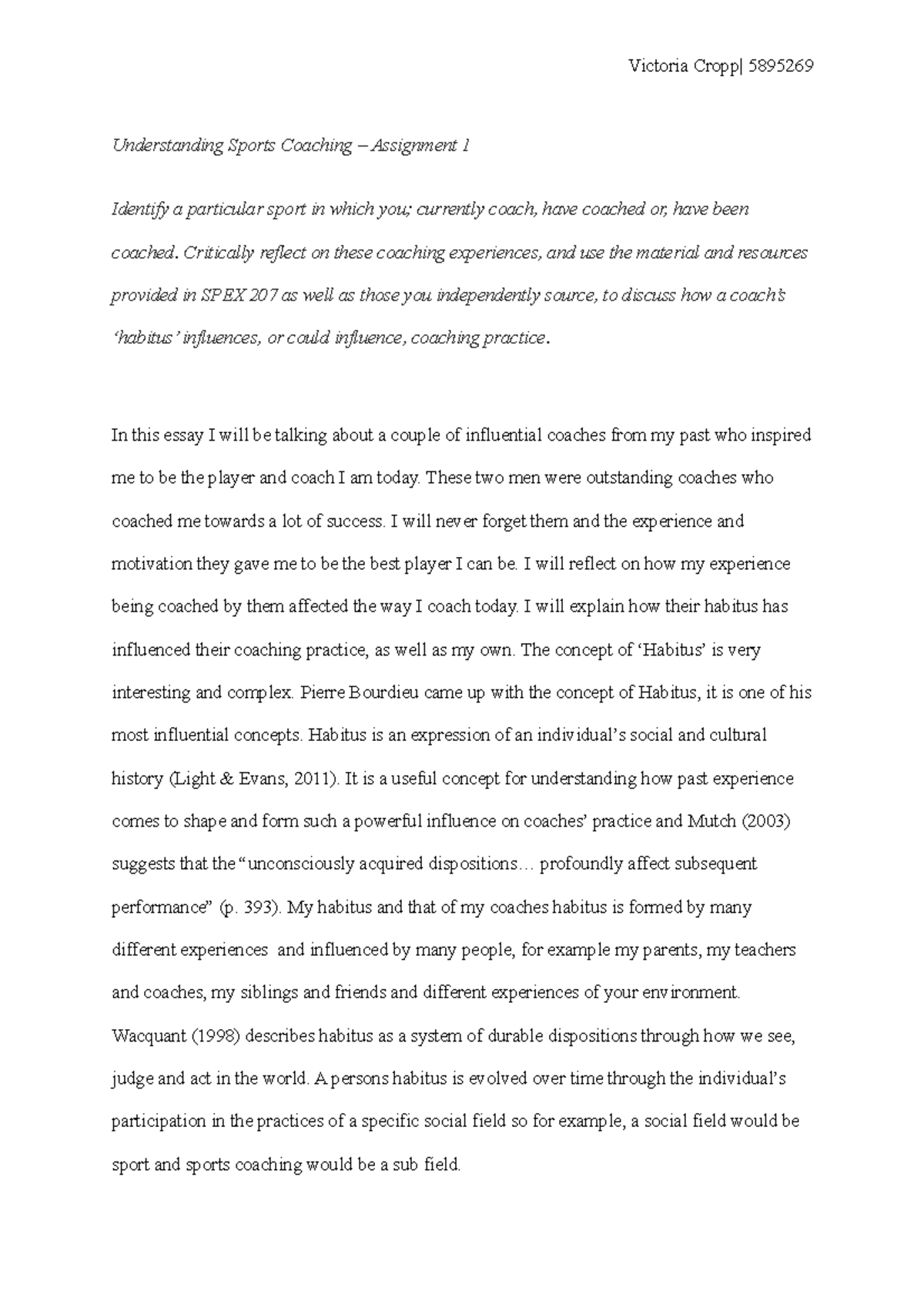 Habitus Essay - Grade: A - Understanding Sports Coaching – Assignment 1 ...