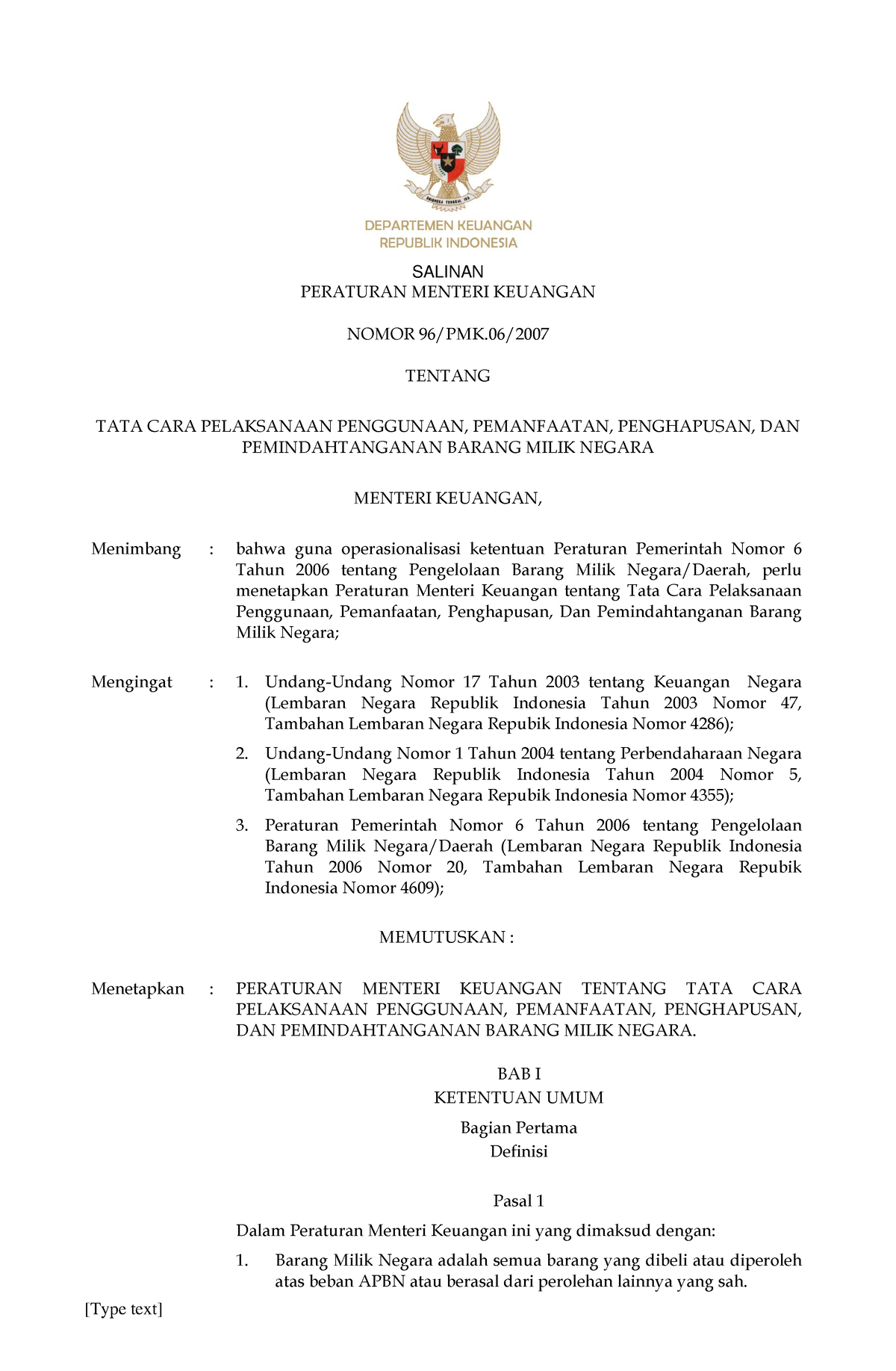 PMK Nomor 96 Tahun 2007 - Peraturan Pemerintah Tentang Pengelolaan ...