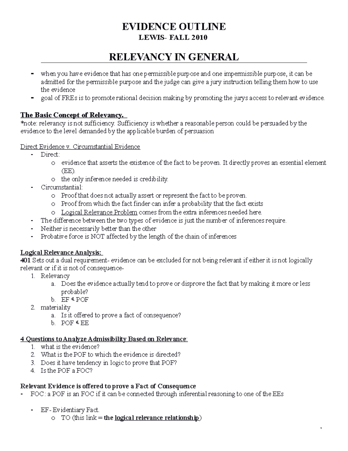 Evidence Lewis 2010 - Outline for final - EVIDENCE OUTLINE LEWIS- FALL ...