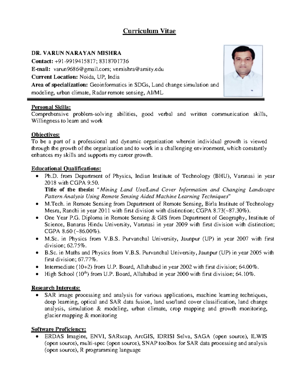 CV Dr - Curriculum Vitae DR. VARUN NARAYAN MISHRA Contact: +91 ...