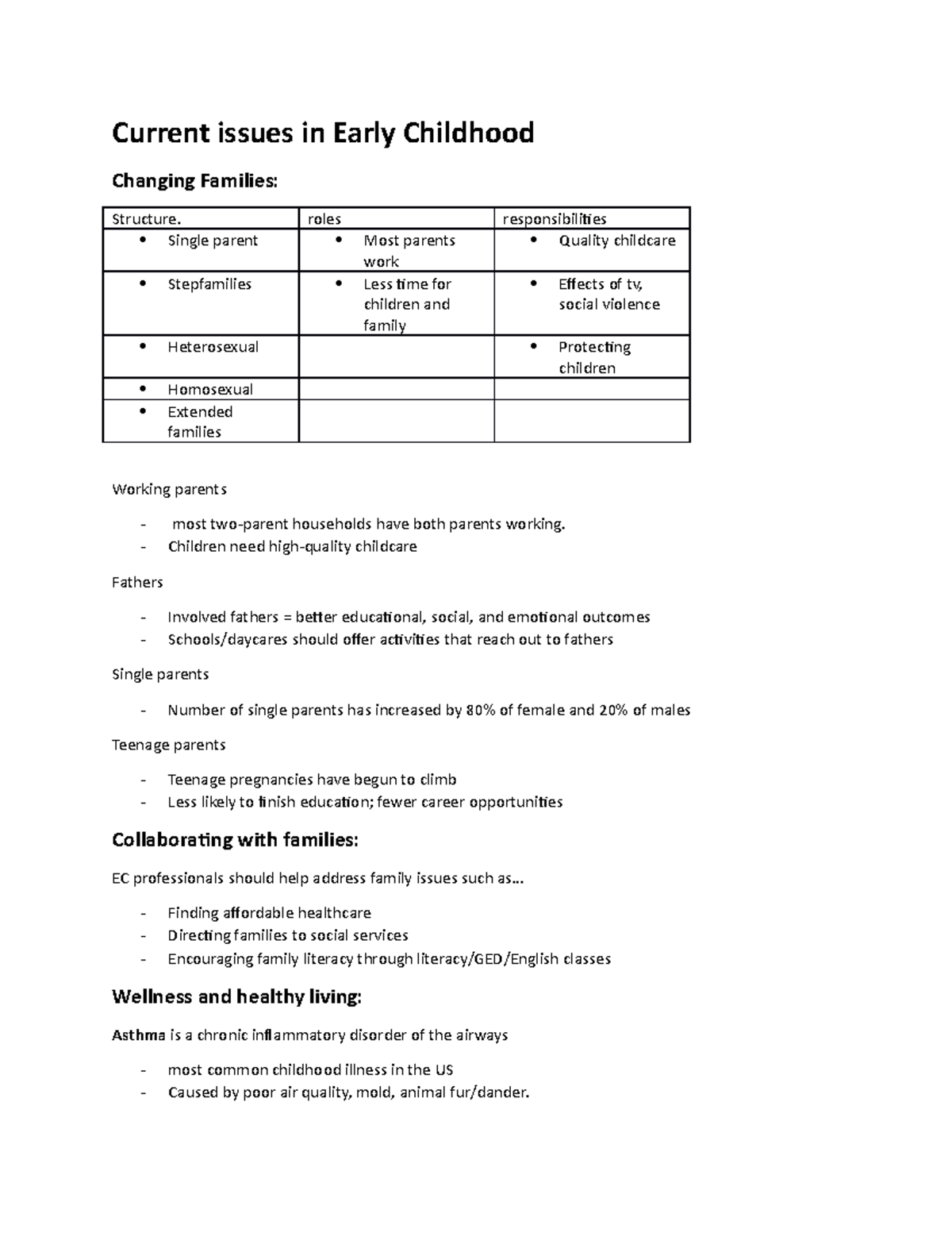 Ch 2 notes - Current issues in Early Childhood Changing Families: Structure. roles ...