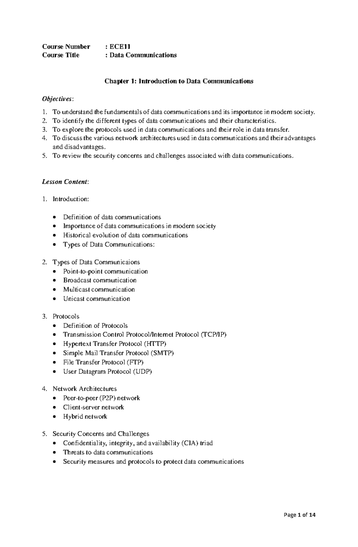 Chapter 1 - Introduction to Data Communications - Course Number : ECE ...