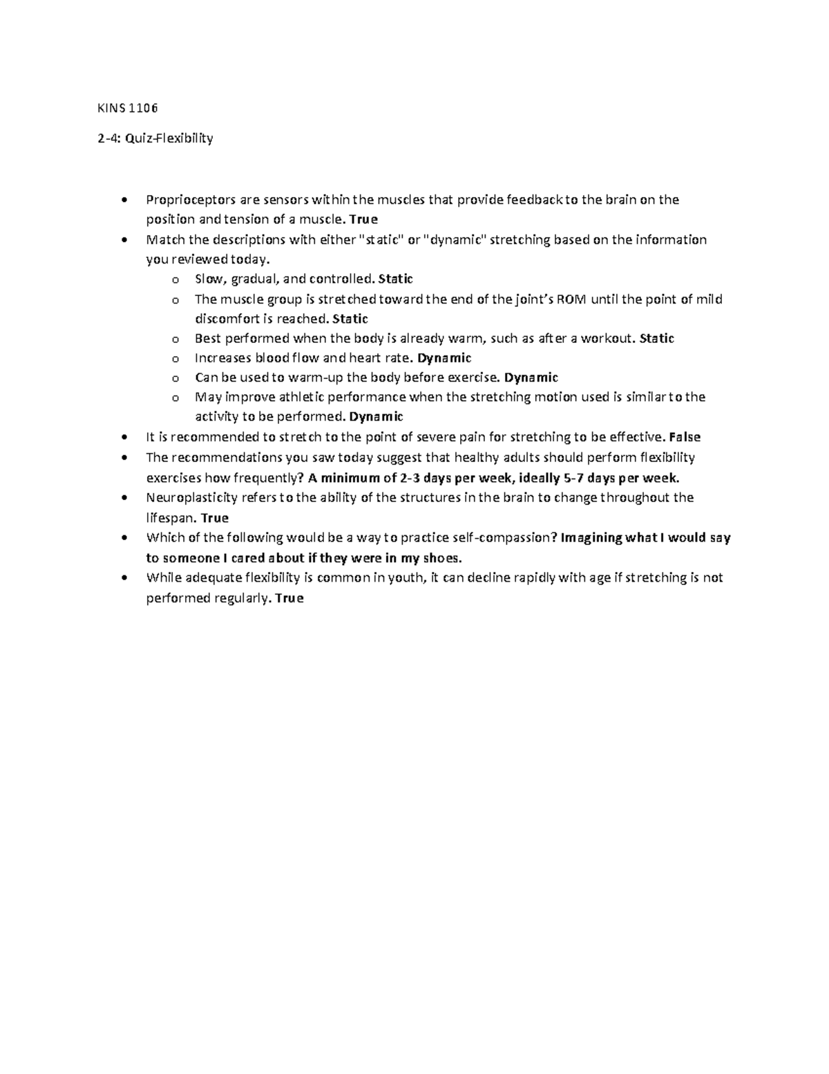24 Quiz Flexibility KINS 1106 24 QuizFlexibility Proprioceptors