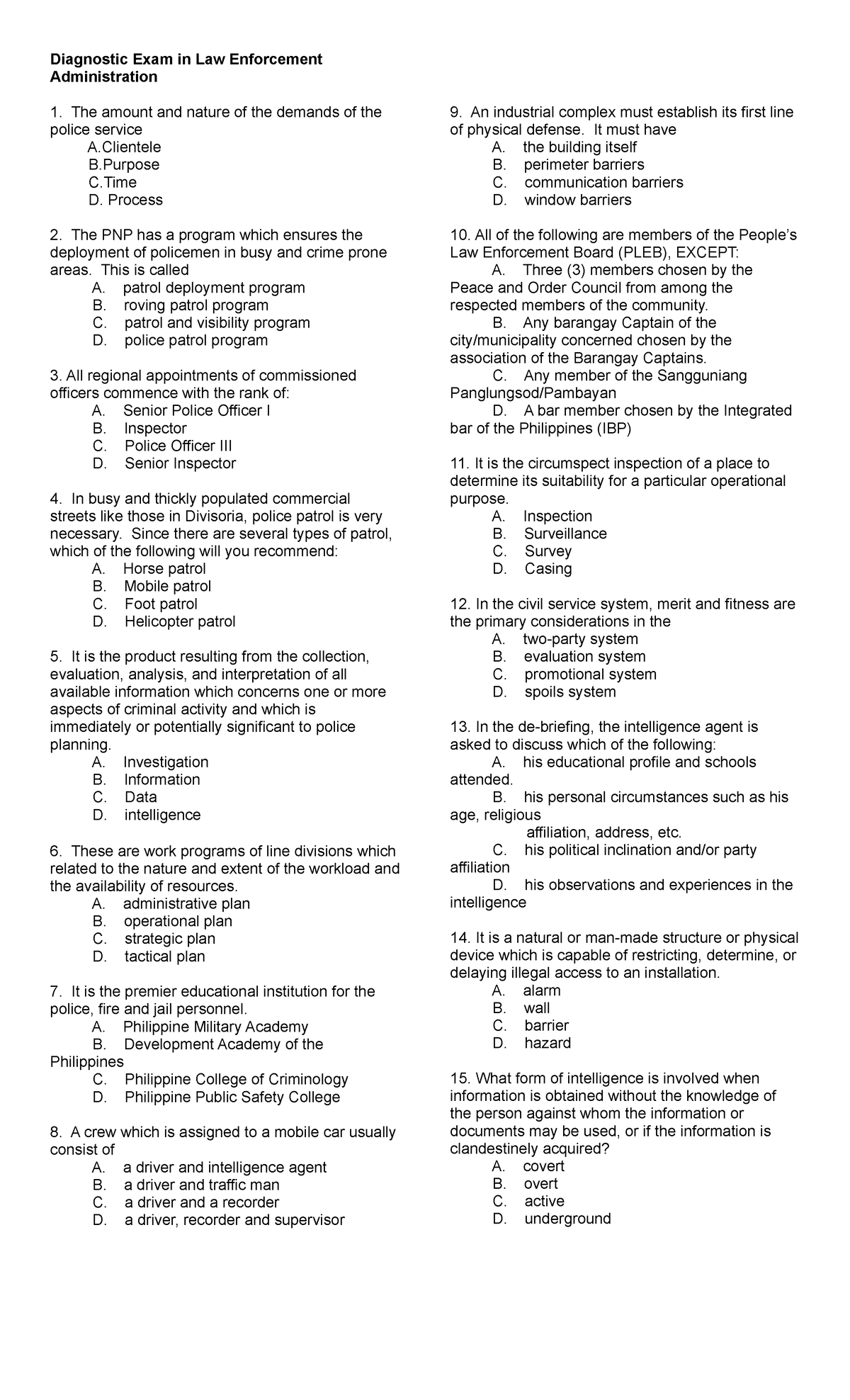 Law Enforcement Administration Review Questions 2 - Diagnostic Exam in ...