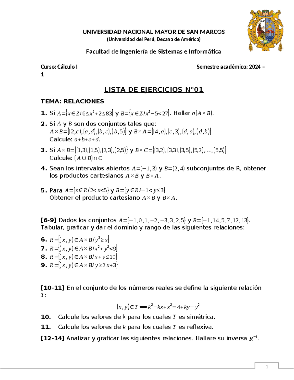 Lista de ejercicios 1 - 1 UNIVERSIDAD NACIONAL MAYOR DE SAN MARCOS ...