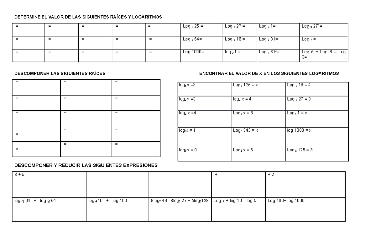 GUIA Calculo DE Logaritmos Y Raíces DETERMINE EL VALOR DE LAS