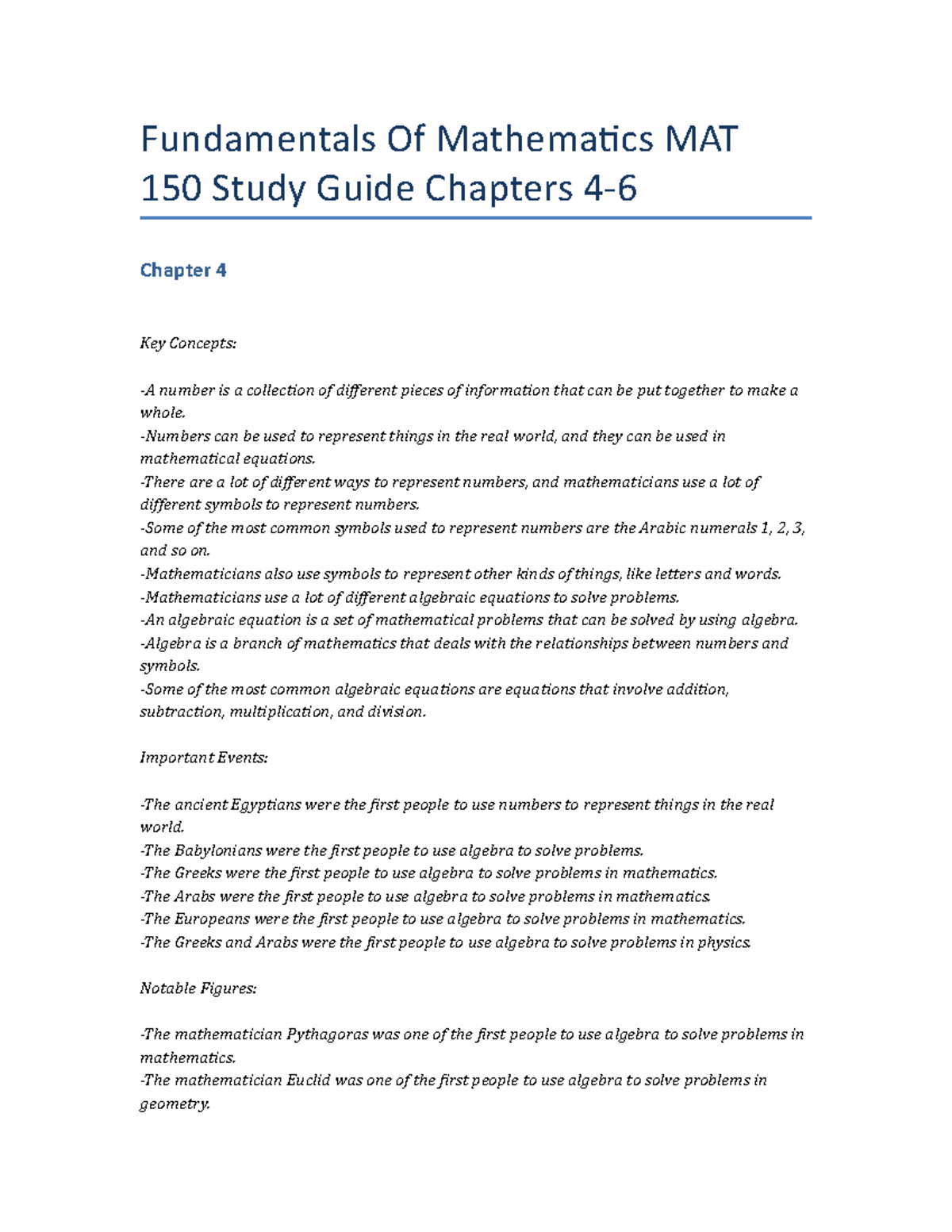 Fundamentals Of Mathematics MAT 150 Study Guide Chapters 4-6 -Numbers ...