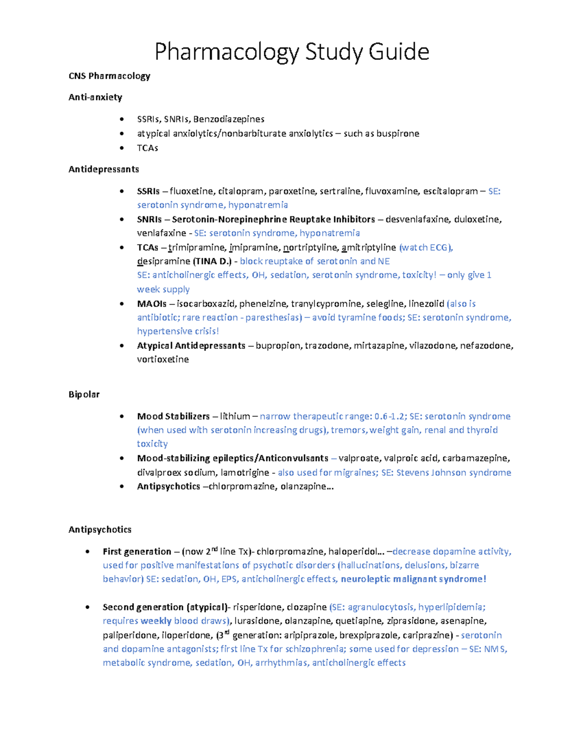Pharmacology Outline with index - Pharmacology Study Guide CNS ...