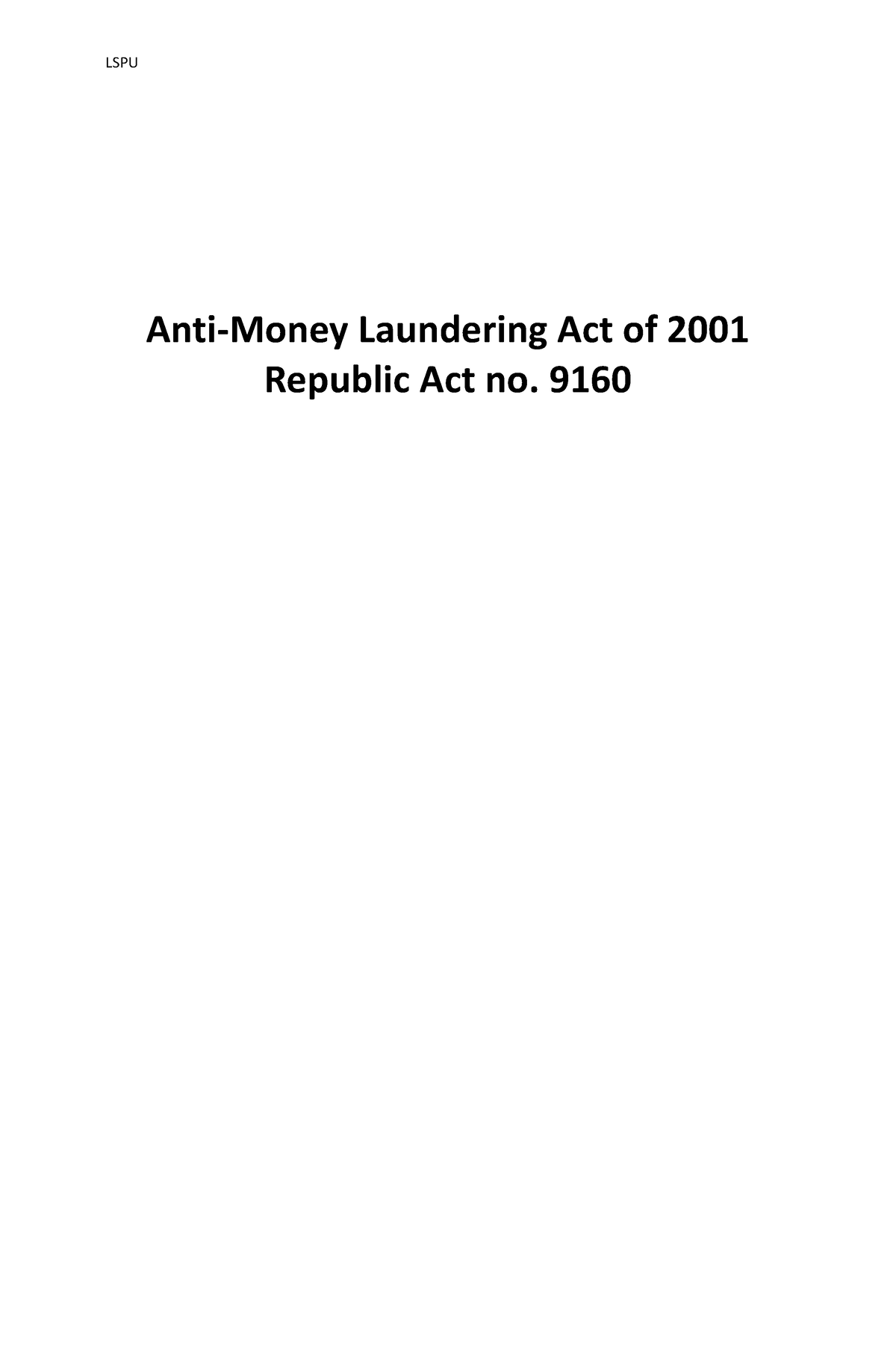 AMLA - AMLA - Anti-Money Laundering Act Of Republic Act No. Anti-Money ...