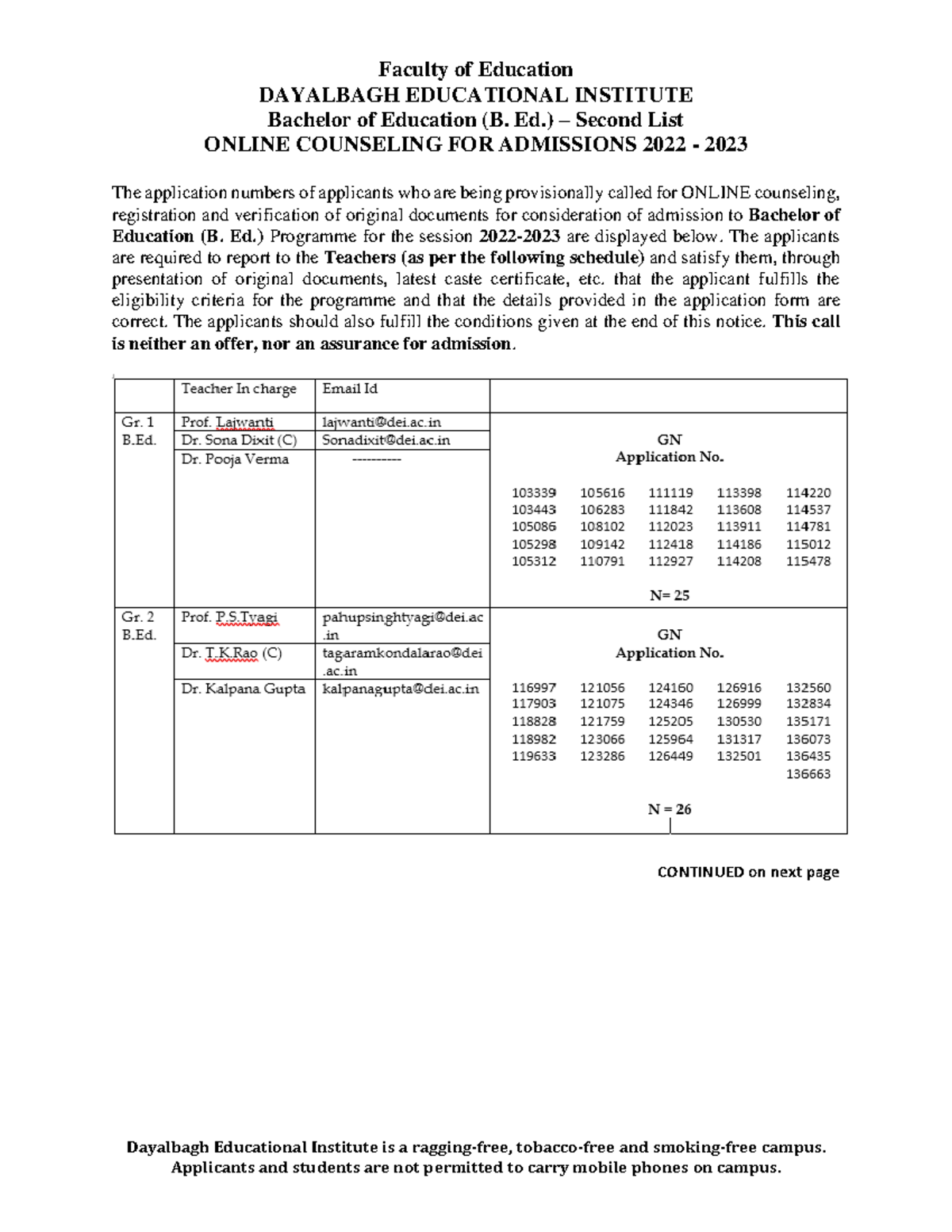 B ED Notice Second LIST with schedule - Faculty of Education DAYALBAGH ...