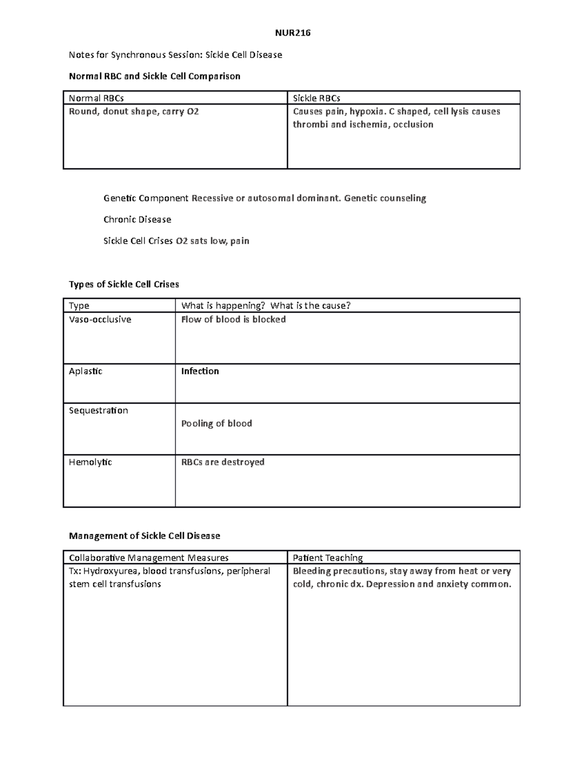 SSDStudent Notes - Sickle cell anemia Nur216 - NUR Notes for ...