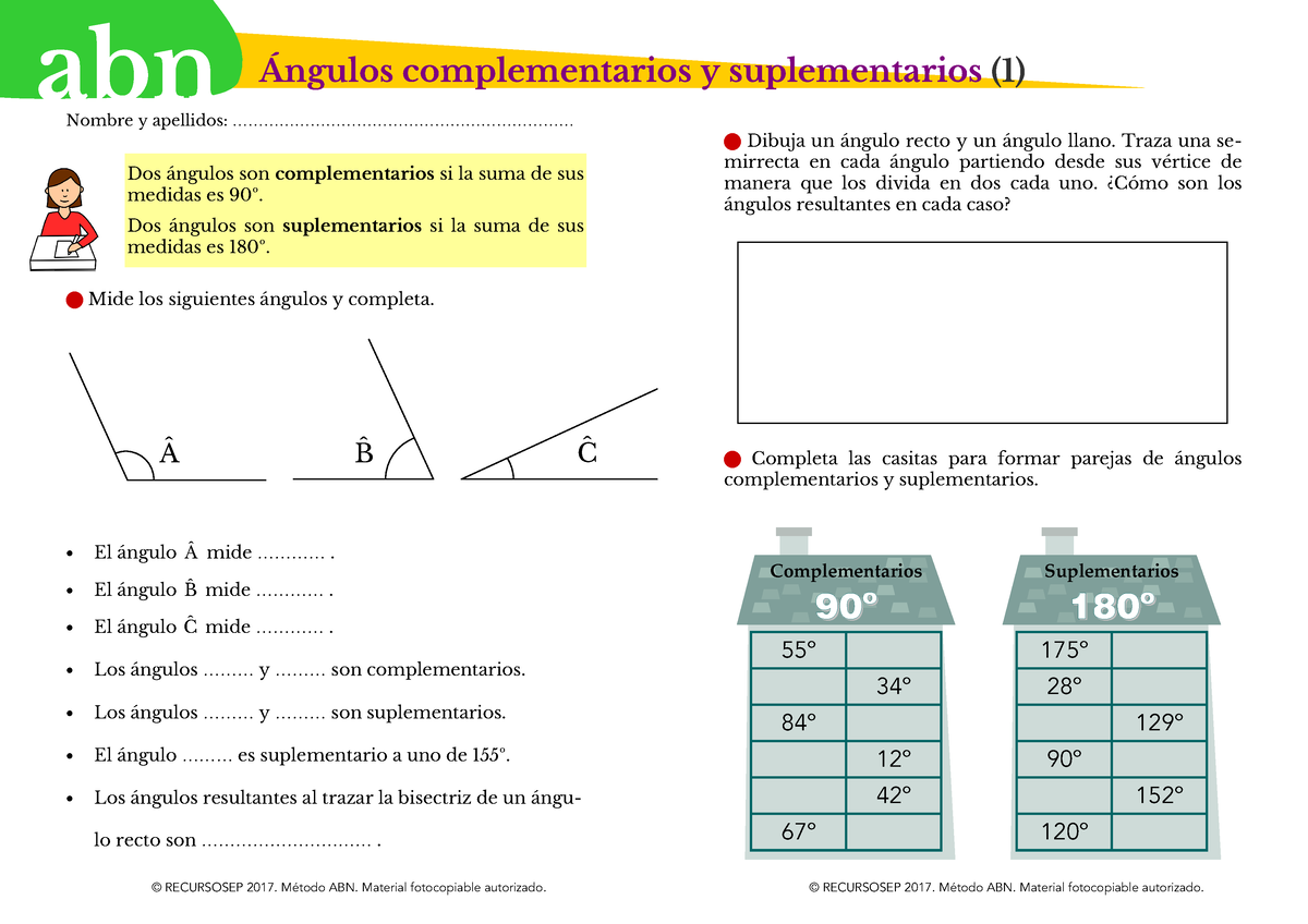 ángulos Complementarios Y Suplementarios Ficha - ####### © RECURSOSEP ...