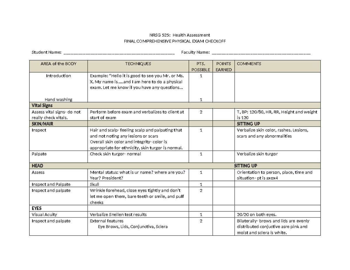 Final Head to Toe Checkoff Rubric.2023 - NRSG 525: Health Assessment ...