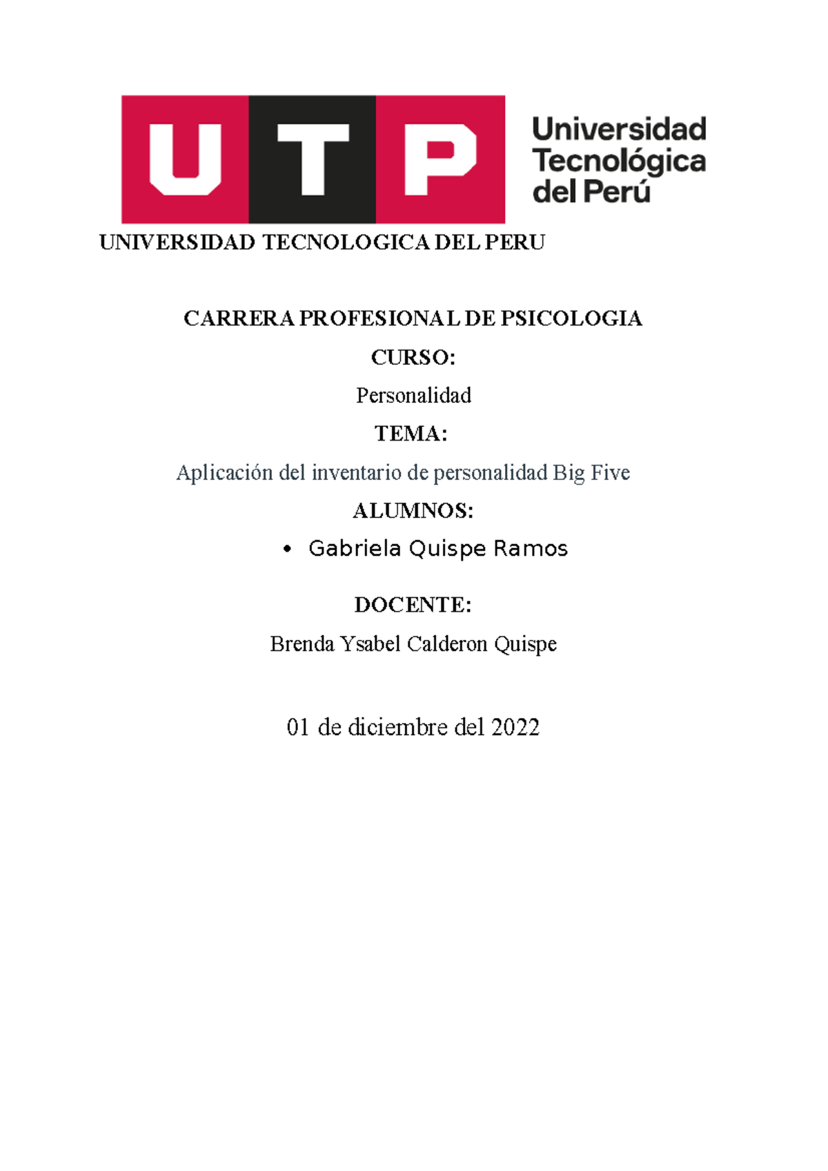 Aplicacion del BQF en uno mismo - UNIVERSIDAD TECNOLOGICA DEL PERU ...