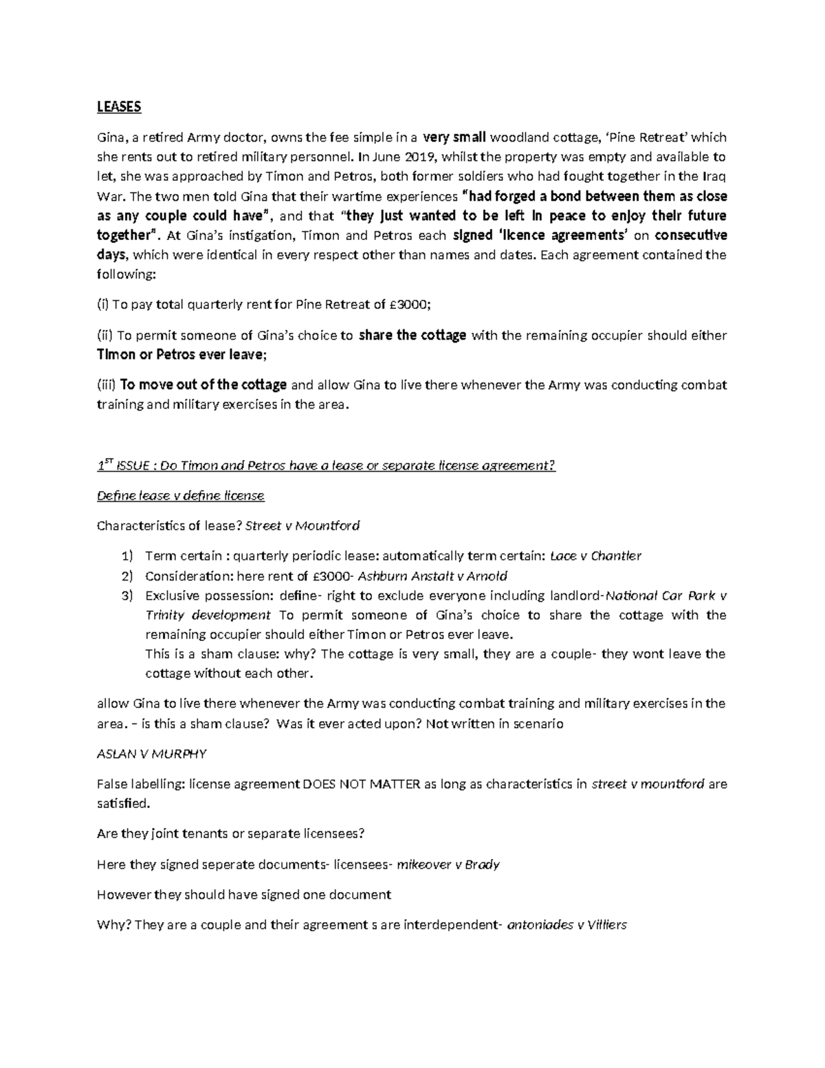 Leases Summary Land law LEASES Gina, a retired Army doctor, owns