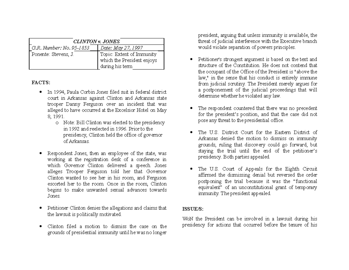[60] Clinton v. Jones Digest CLINTON v. JONES G. Number No. 95