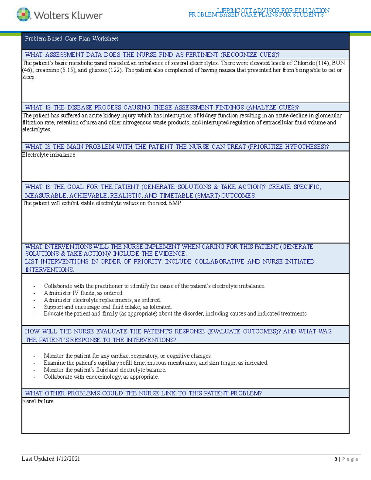 care plan for patient - LIPPINCOTT ADVISOR FOR EDUCATION PROBLEM BASED ...