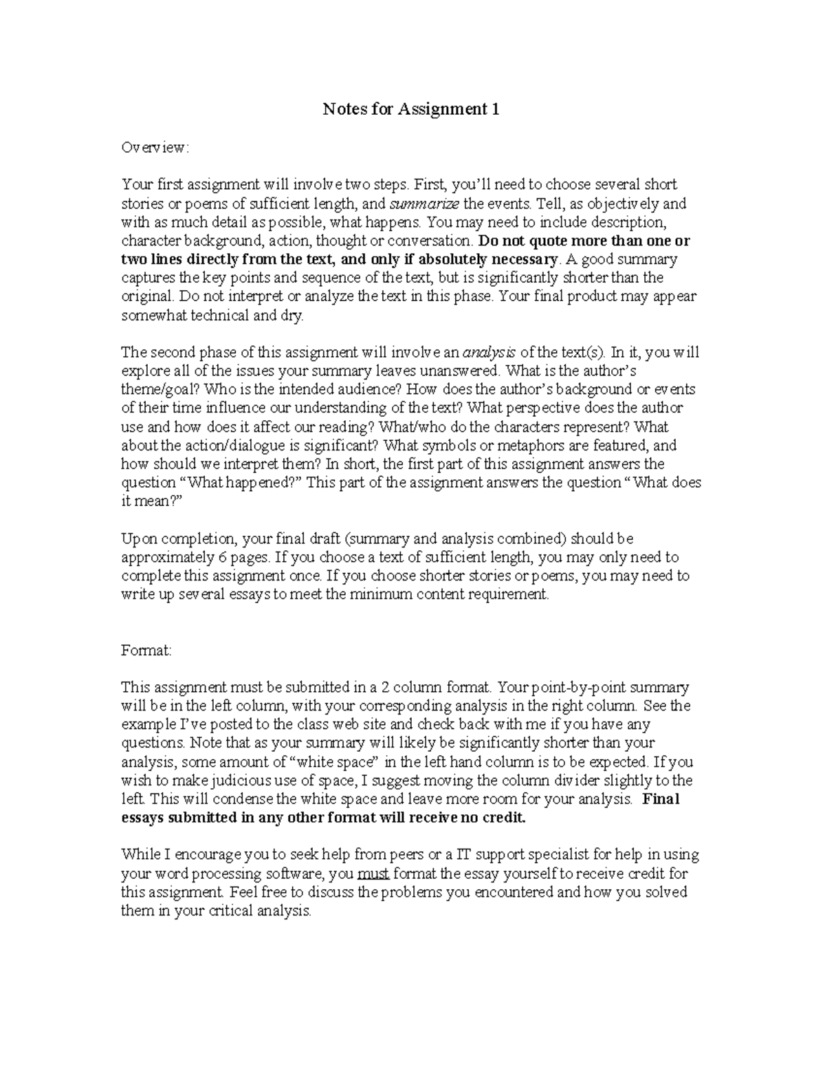 ENL 102 Assignment Sheet 1 MWF - Notes for Assignment 1 Overview: Your ...