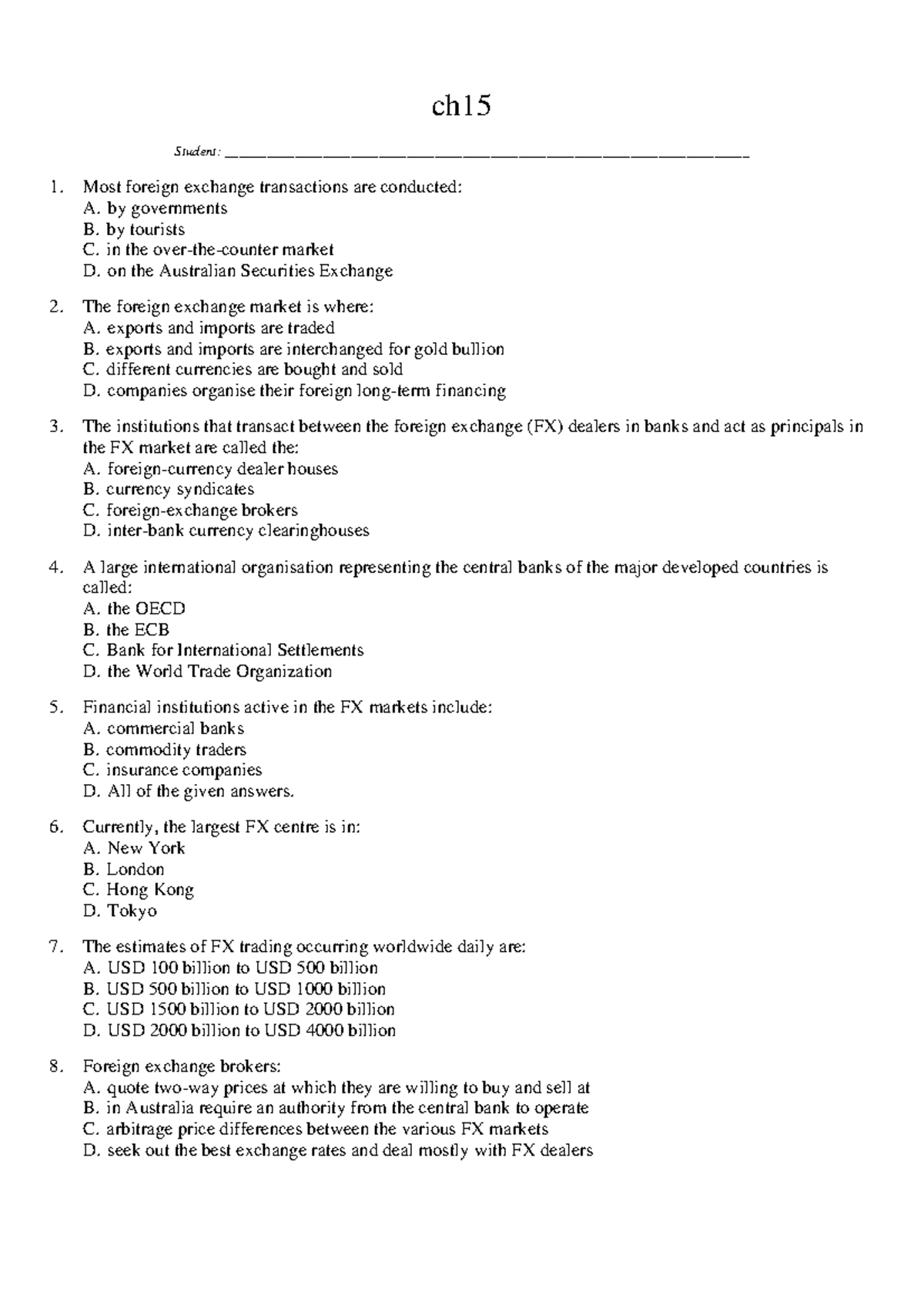 Ch15 - NOTES FOR QUIZ - Ch _Student: - Studocu