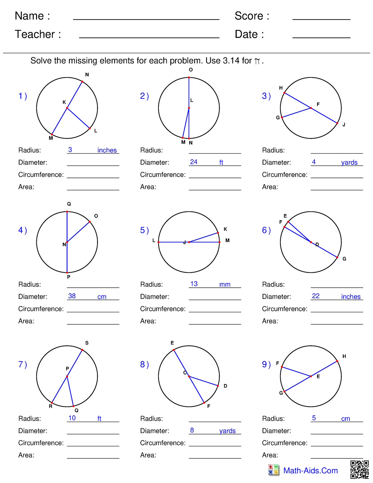 Circumference And Area Of Circles - Name : Teacher : Date : Score ...