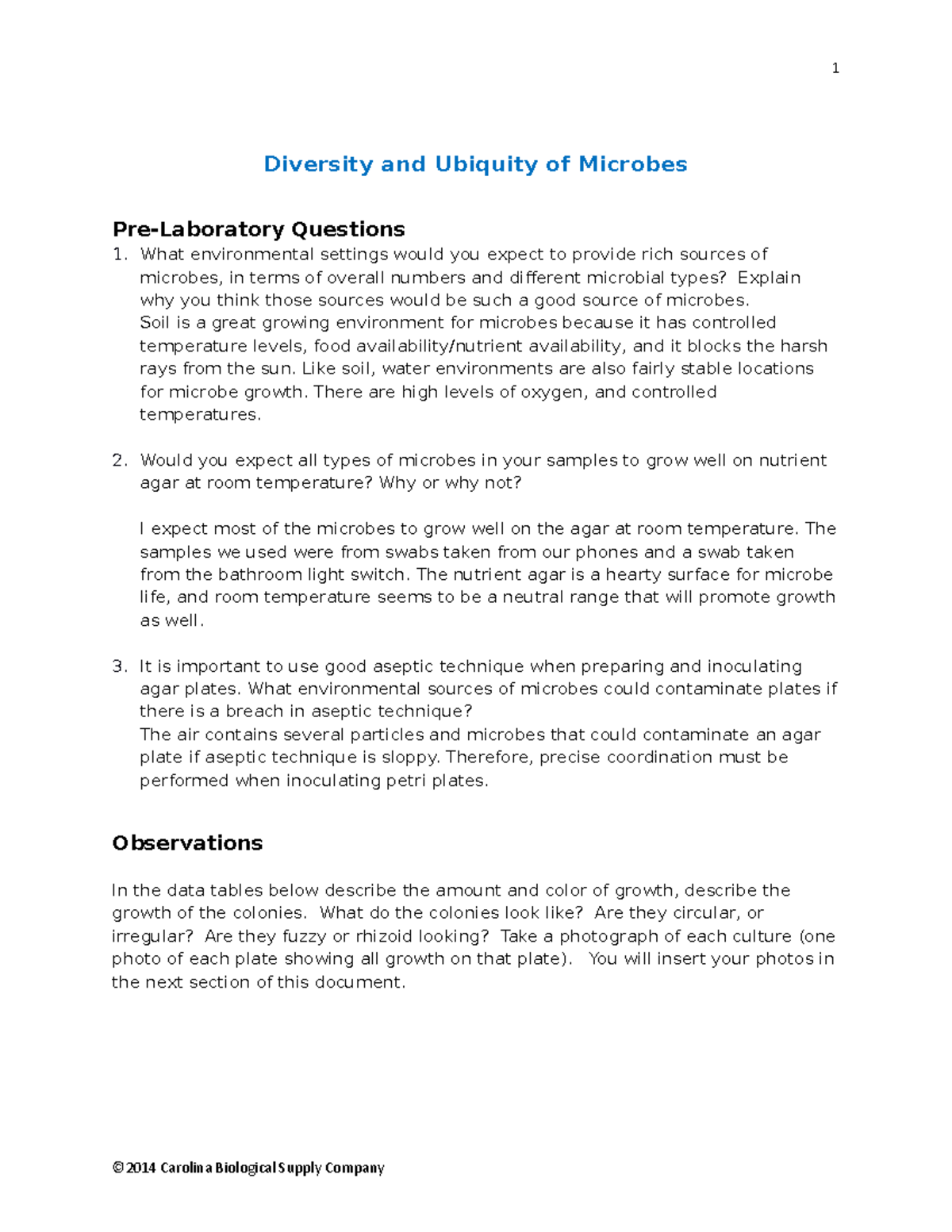Diversity and Ubiquity of Microbes answer sheet 1 Diversity and