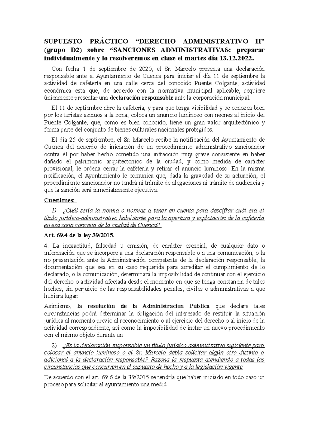 Caso Práctico Sanciones Administrativas Supuesto PrÁctico “derecho Administrativo Ii” Grupo 9935