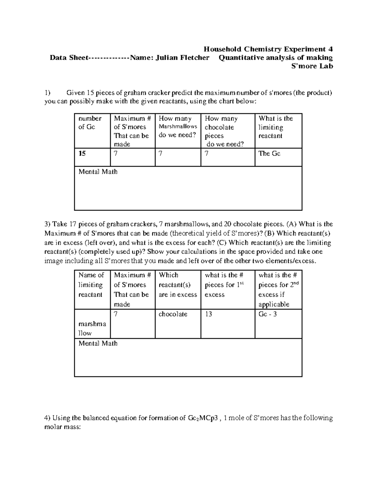 HHC Work Sheet Part 2 Exp 4 Quantitative analysis of making S more ...