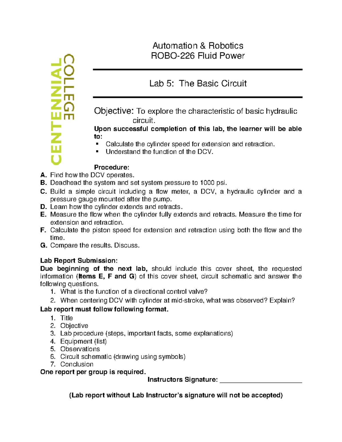 Lab5 Basic Circuit Automation & Robotics ROBO226 Fluid Power Lab 5