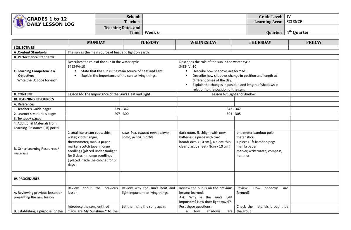 Grade 4 DLL Science 4 Q4 Week 6 - GRADES 1 To 12 DAILY LESSON LOG ...