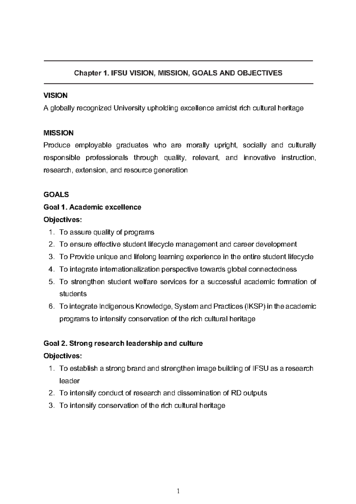 Research - Chapter 1. IFSU VISION, MISSION, GOALS AND OBJECTIVES VISION ...