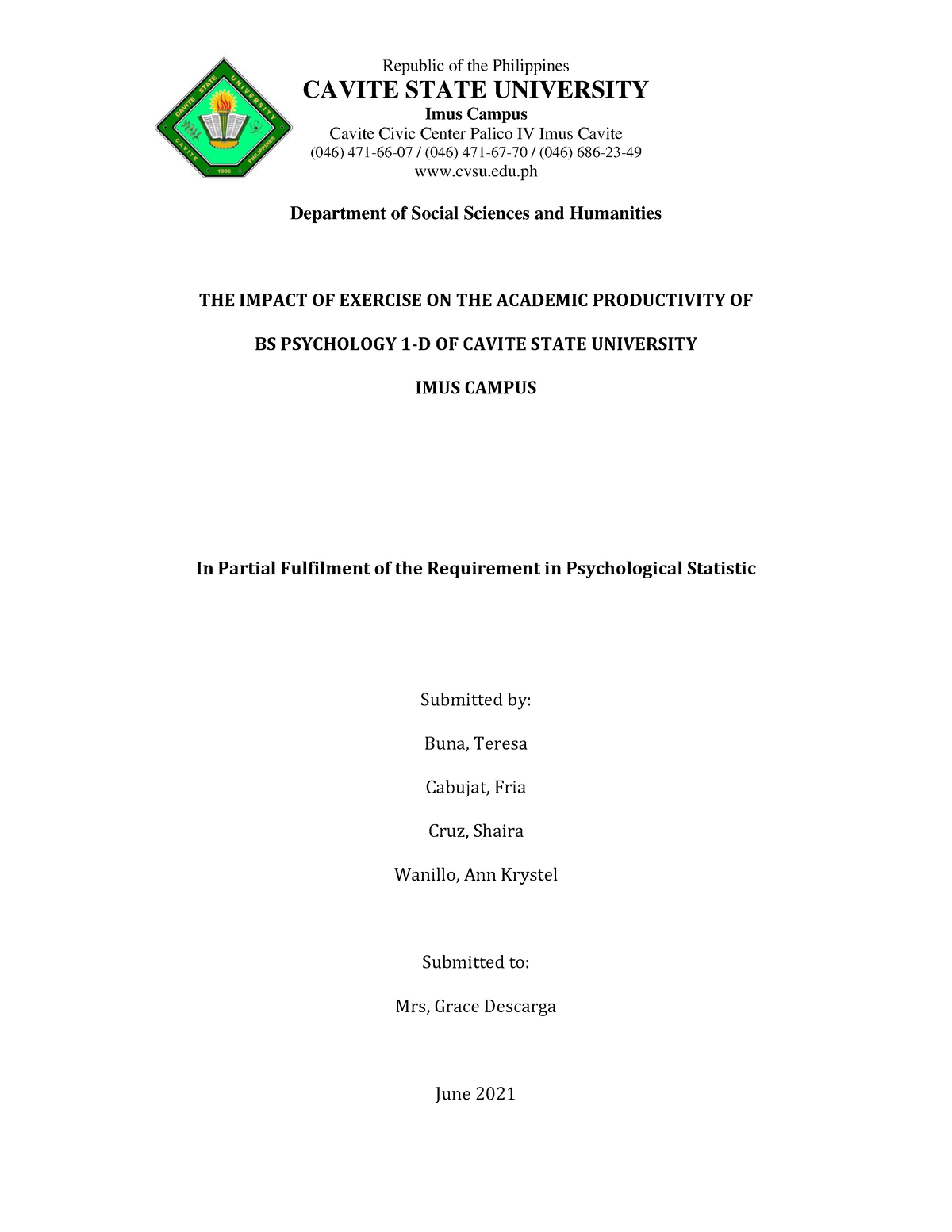 Psychological Testing Performance 1d Pdf - Cavite State University 