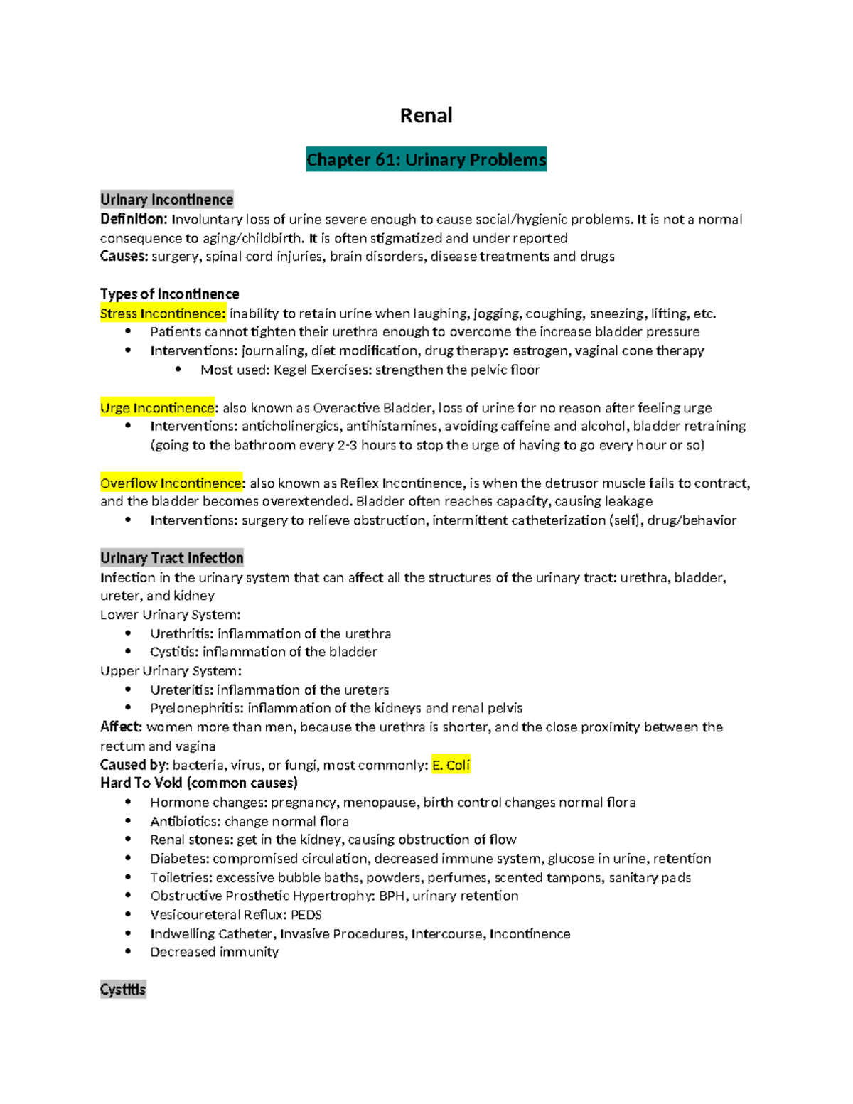 Exam 1 204 study guide - Renal Chapter 61: Urinary Problems Urinary ...