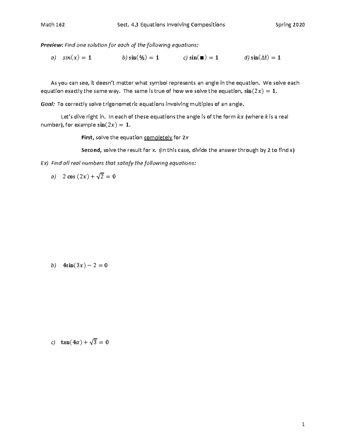 Math 162- Sect. 4.3 Notes - Math 162 Sect. 4 Equations Involving ...