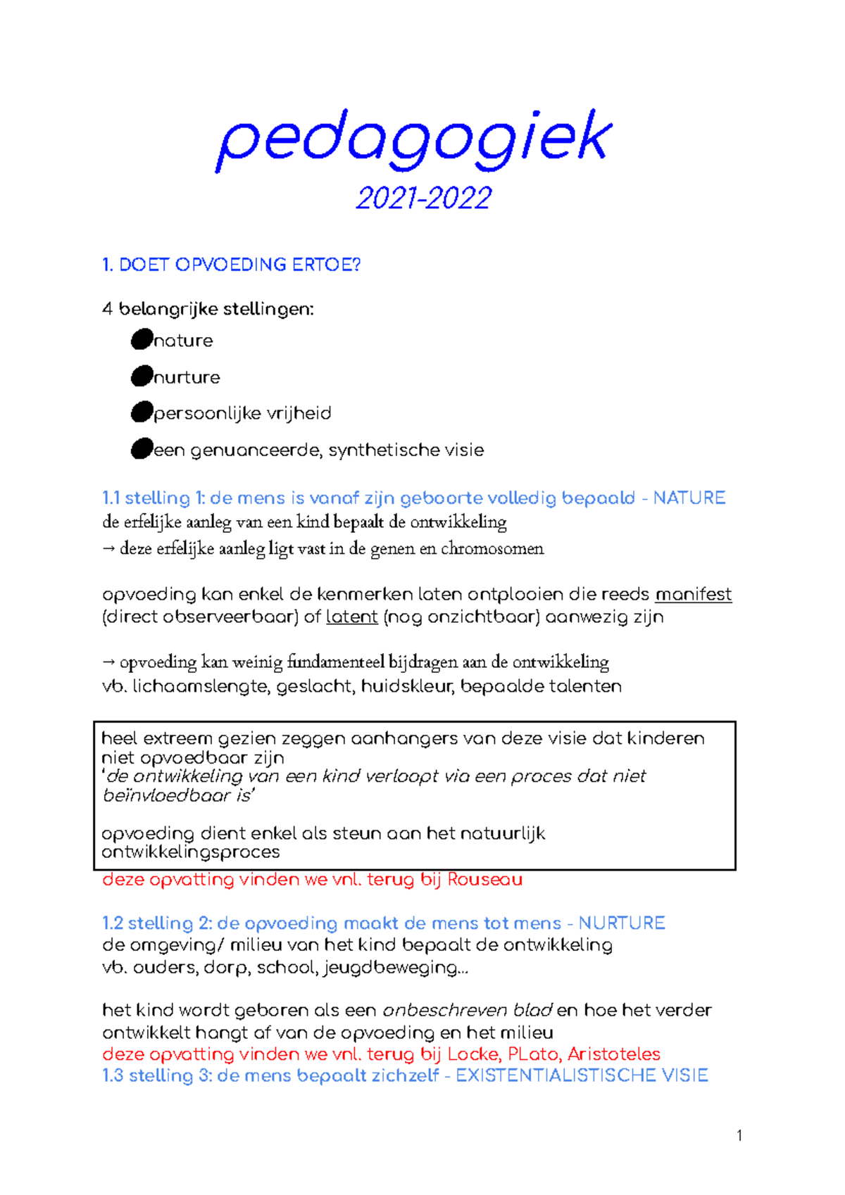 Pedagogiek - Samenvatting - Pedagogiek 2021- 1. DOET OPVOEDING ERTOE? 4 ...