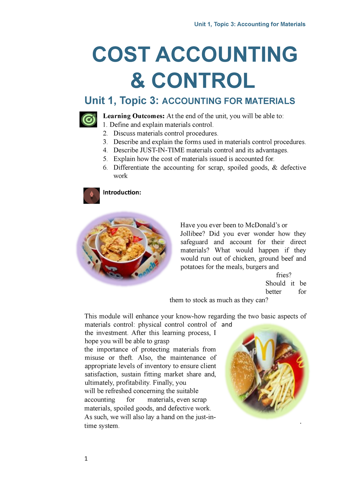 Unit 1, Topic 3 (materials) - Introduction: And . COST ACCOUNTING ...
