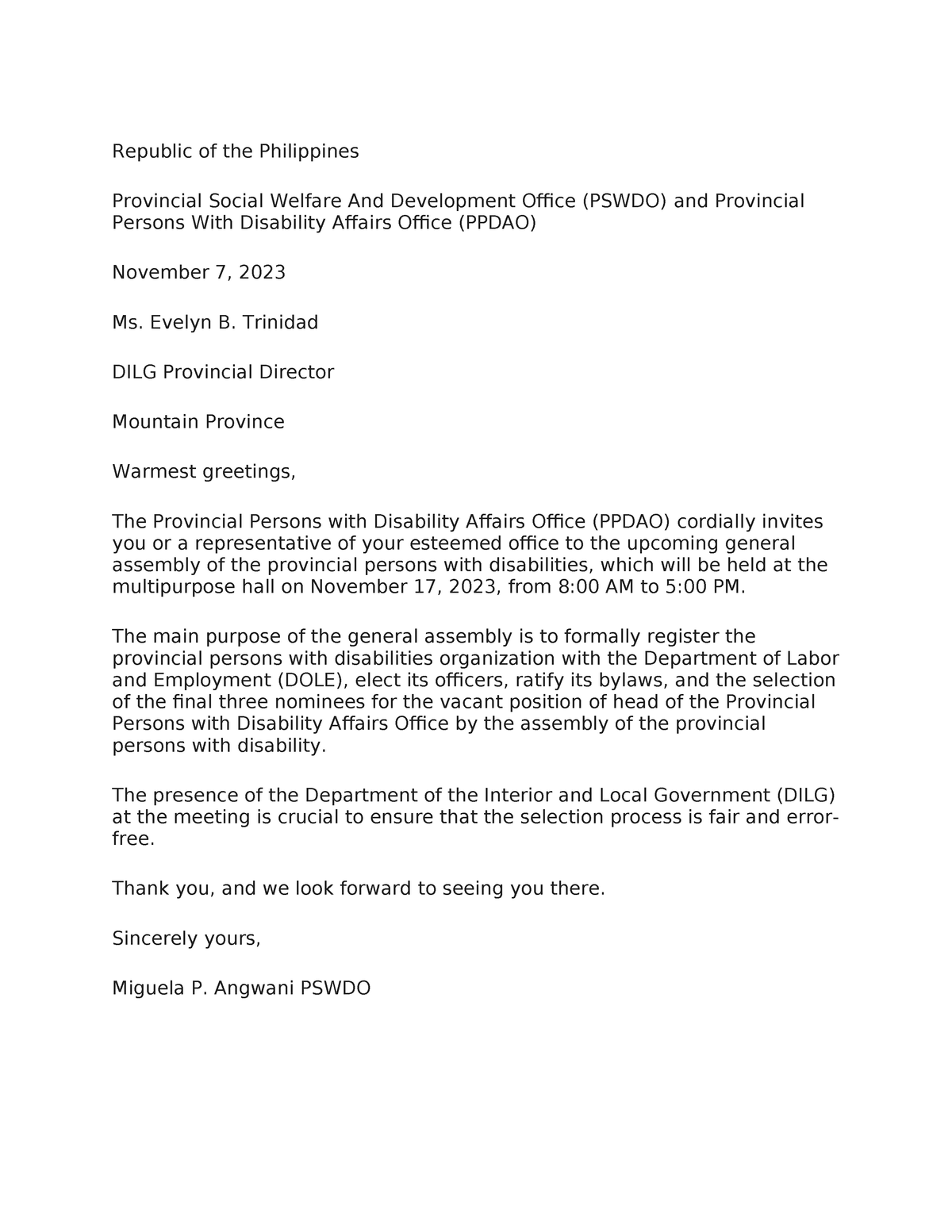 Sample of letter of invitation - Republic of the Philippines Provincial ...