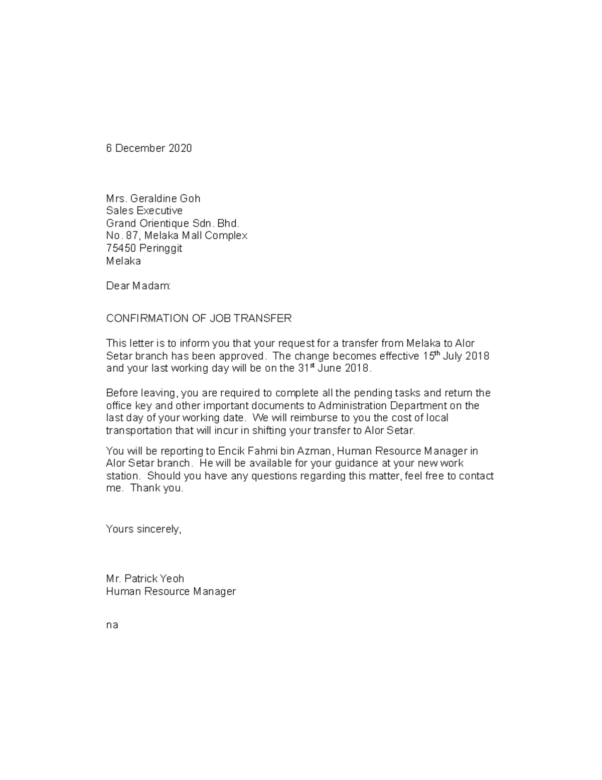 Business Letter Exercise 1 - 6 December 2020 Mrs. Geraldine Goh Sales ...