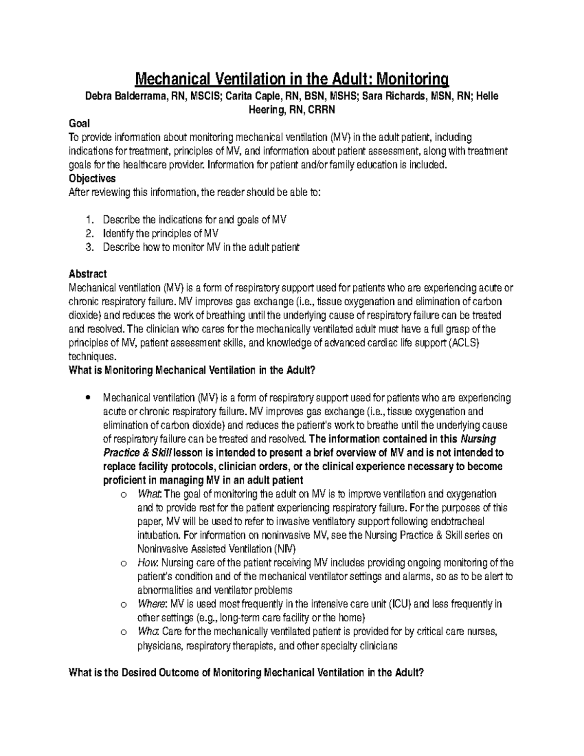 Mechanical Ventilation Article&Worksheet - Mechanical Ventilation in ...