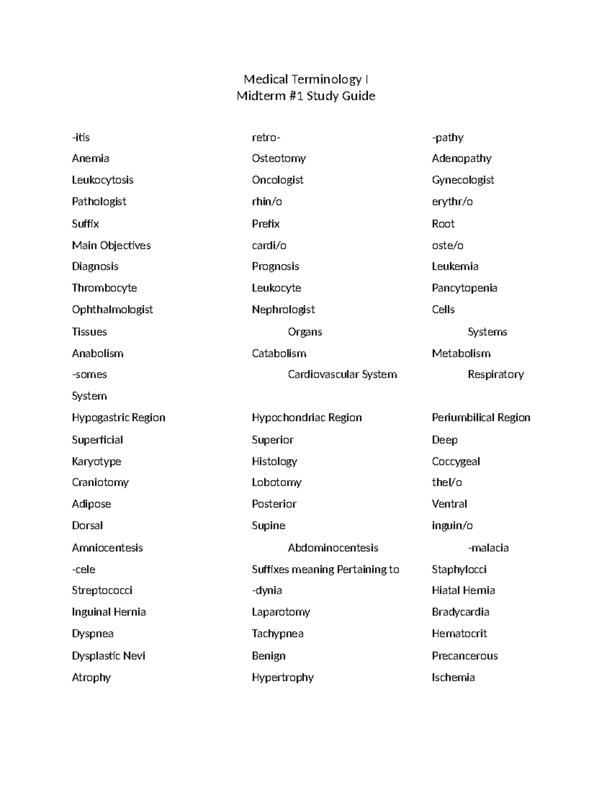 MT I Midterm I 2021 Study Guide - Medical Terminology I Midterm #1 ...