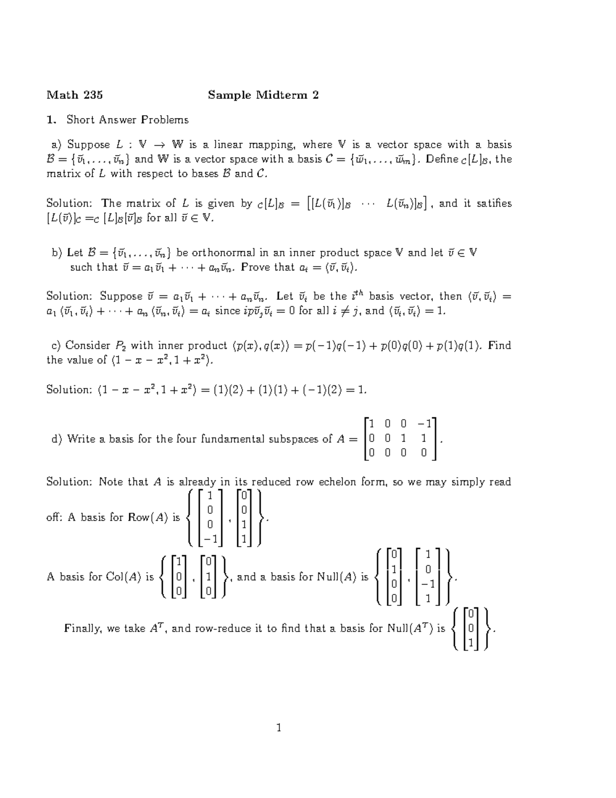 Midterm Exam 2 2018, Questions And Answers - Math 235 Sample Midterm 2 ...