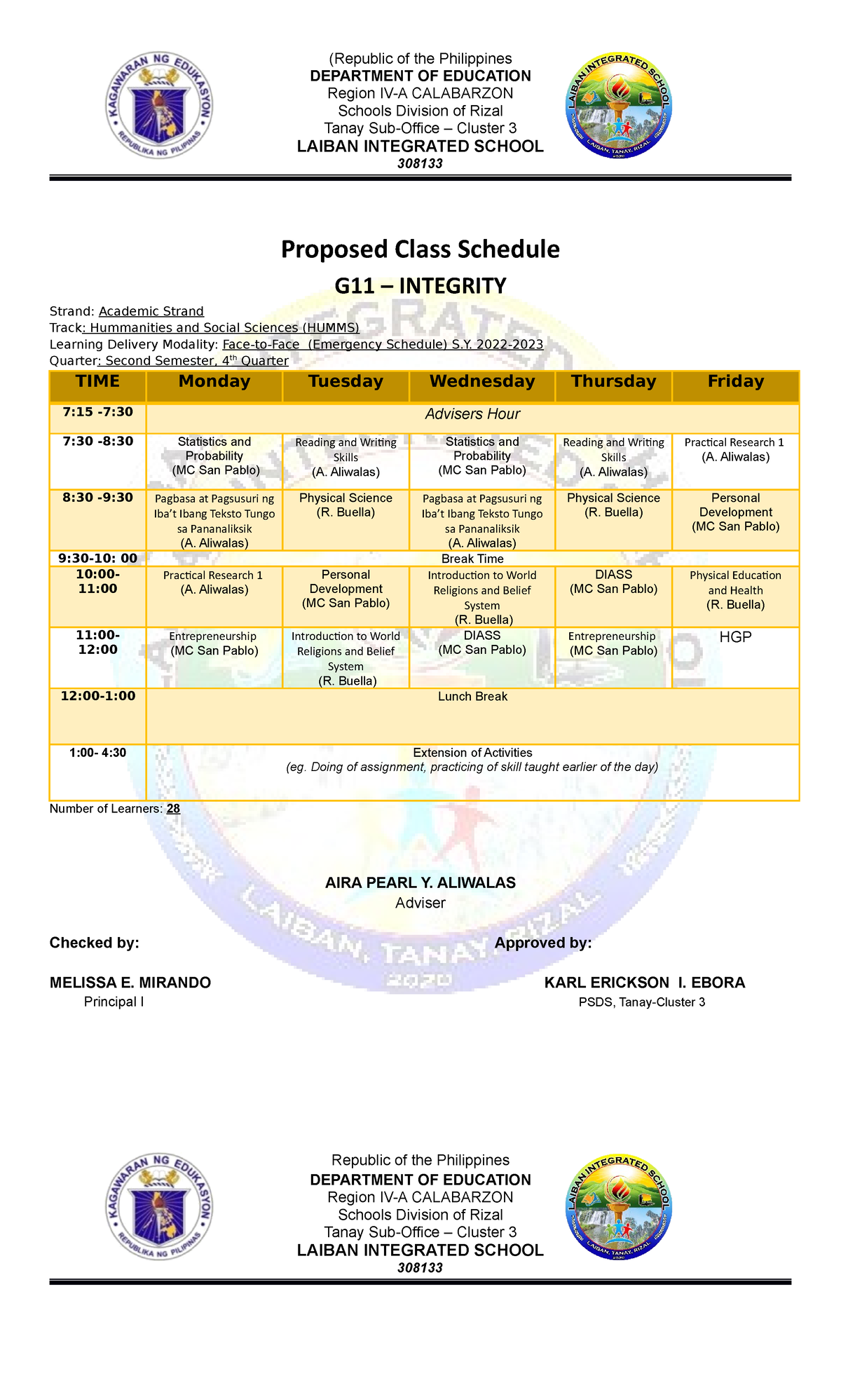 Proposed Schedule Senior High Department - (Republic of the Philippines ...