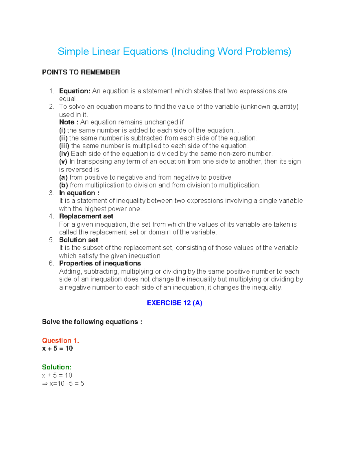 Simple Linear Equations (Including Word Problems) ncertbooksolutions