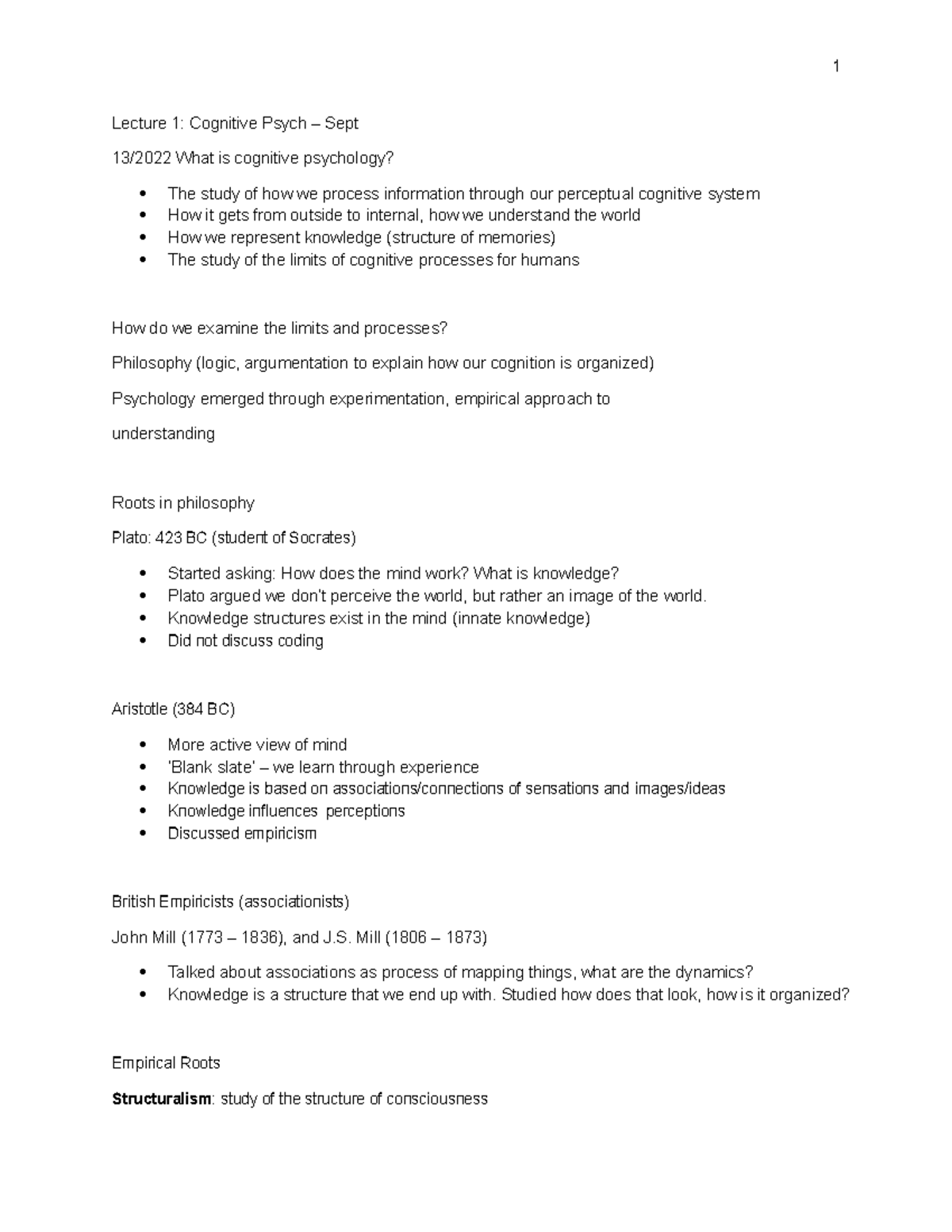 TestOneNotesCogPsyc - 1 Lecture 1: Cognitive Psych – Sept 13/2022 What ...