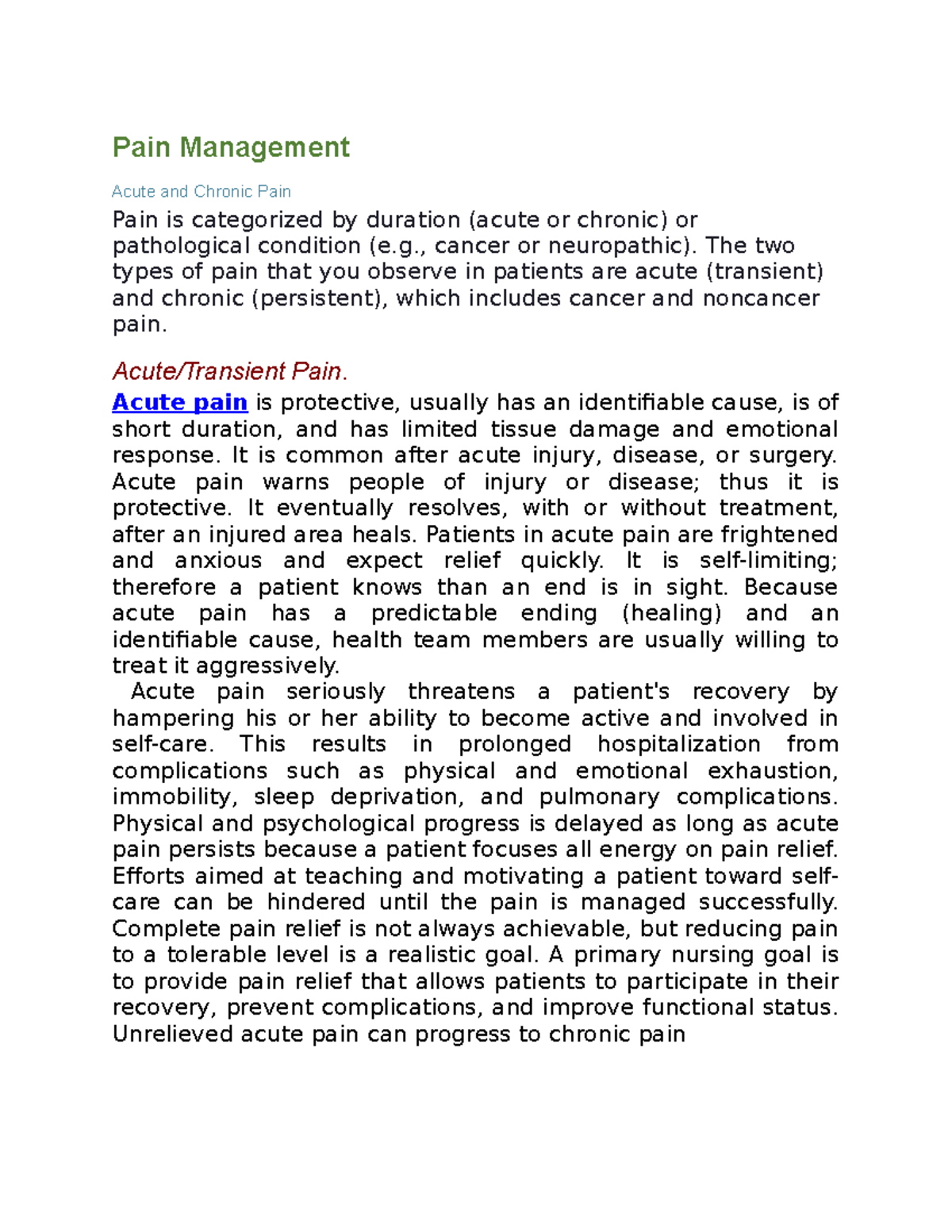 Study Guide Fundamentals - Pain Management Acute and Chronic Pain Pain ...